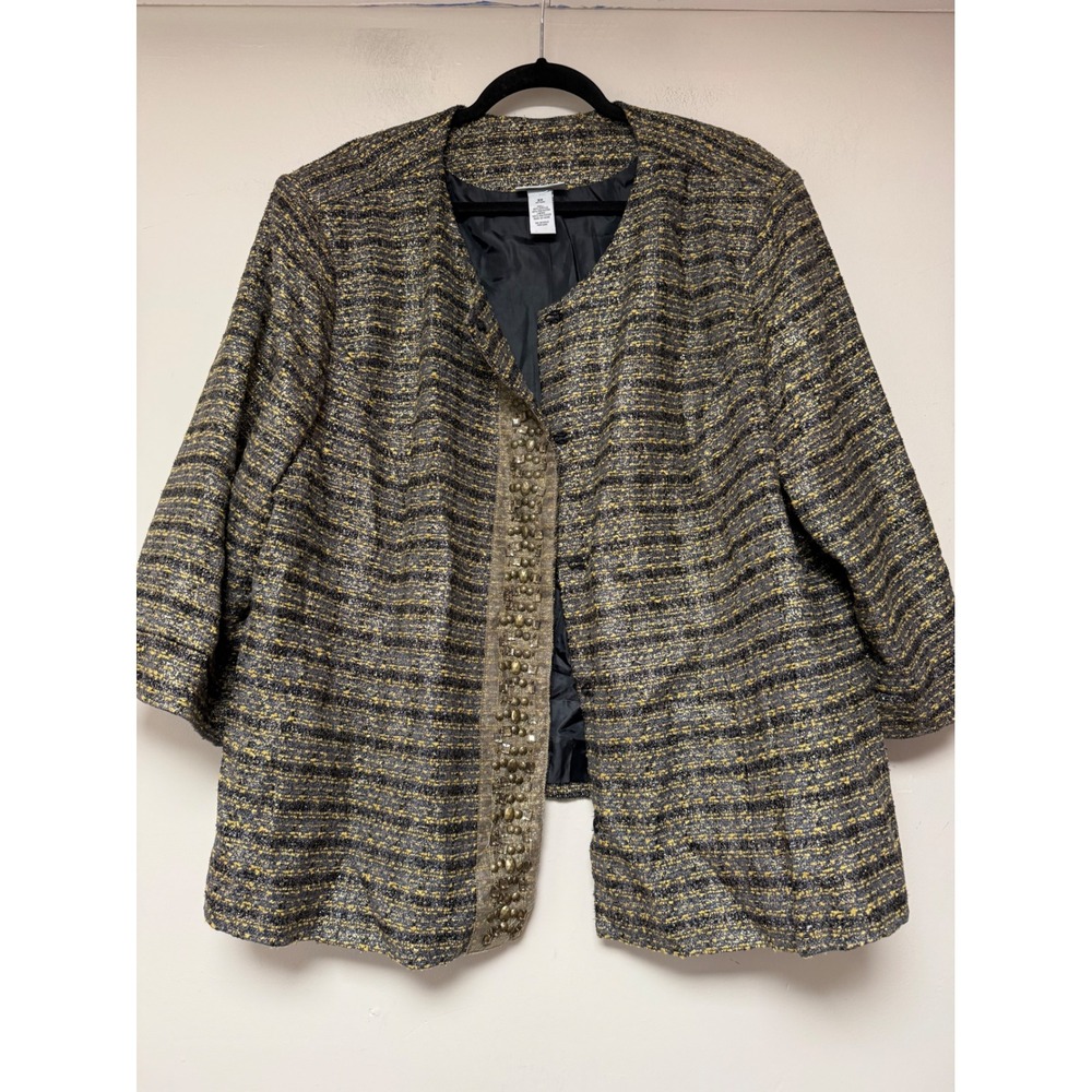 Catherines Womens 3X Jacket Black Gold Metallic‎ Textured Embellished Collar